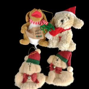 Set 4 Plush 5" Dog Holiday Christmas Ornaments, Stuffed Animals Golden Retriever